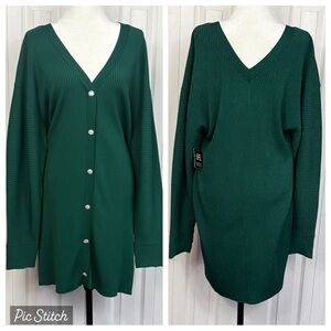 NWT Express Green Ribbed Stretch Knit Embellished Button Sweater Dress XL